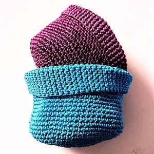 Small Crochet Nesting Basket Set ~ Teal & Purple ~ 5" & 6" Diam. ~ Sturdy ~ EUC